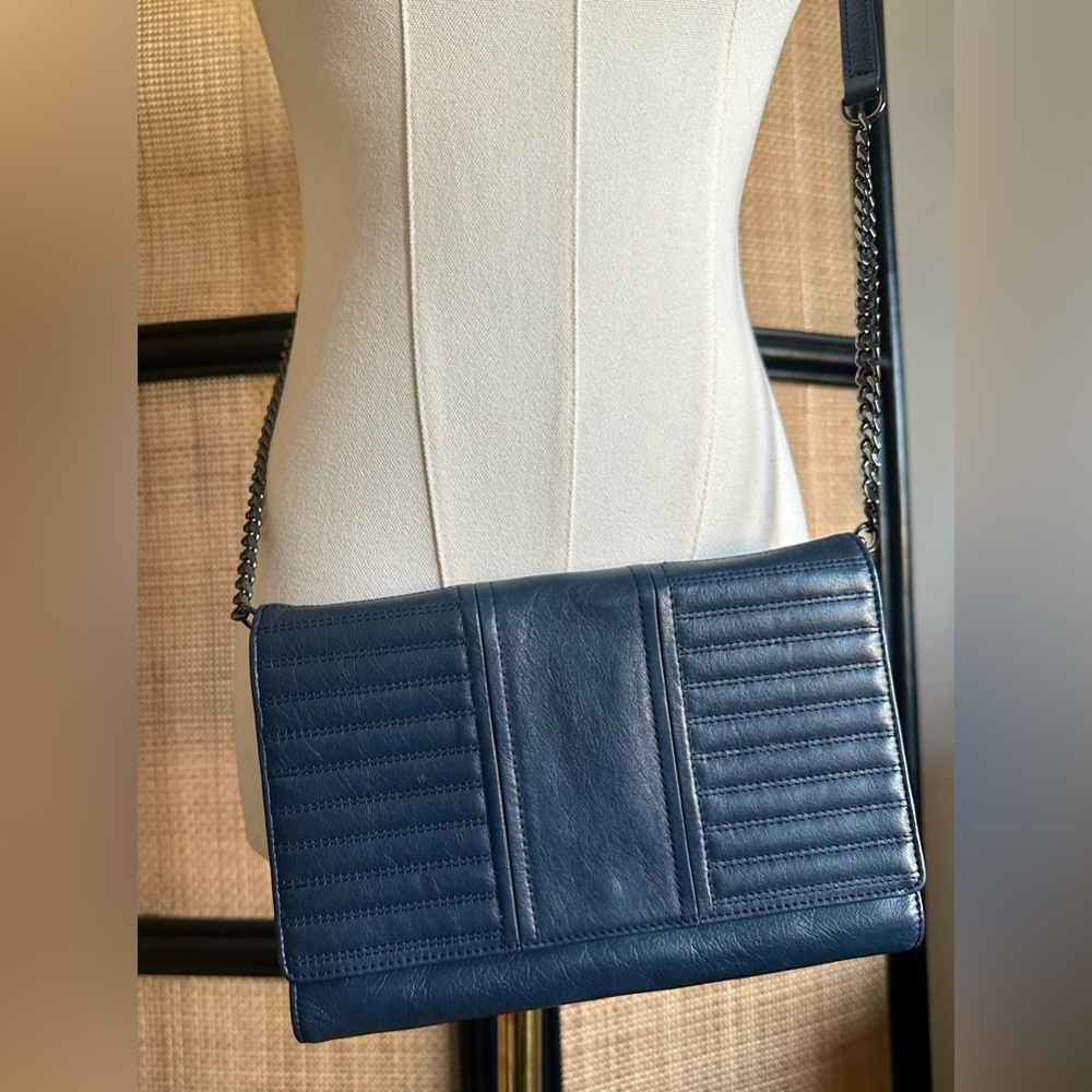 Botkier Navy Blue Moto Chain Leather Wallet Crossbody Clutch Purse Bag